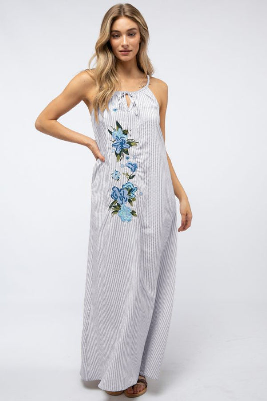 Floral Embroidered Stripe Maxi Dress